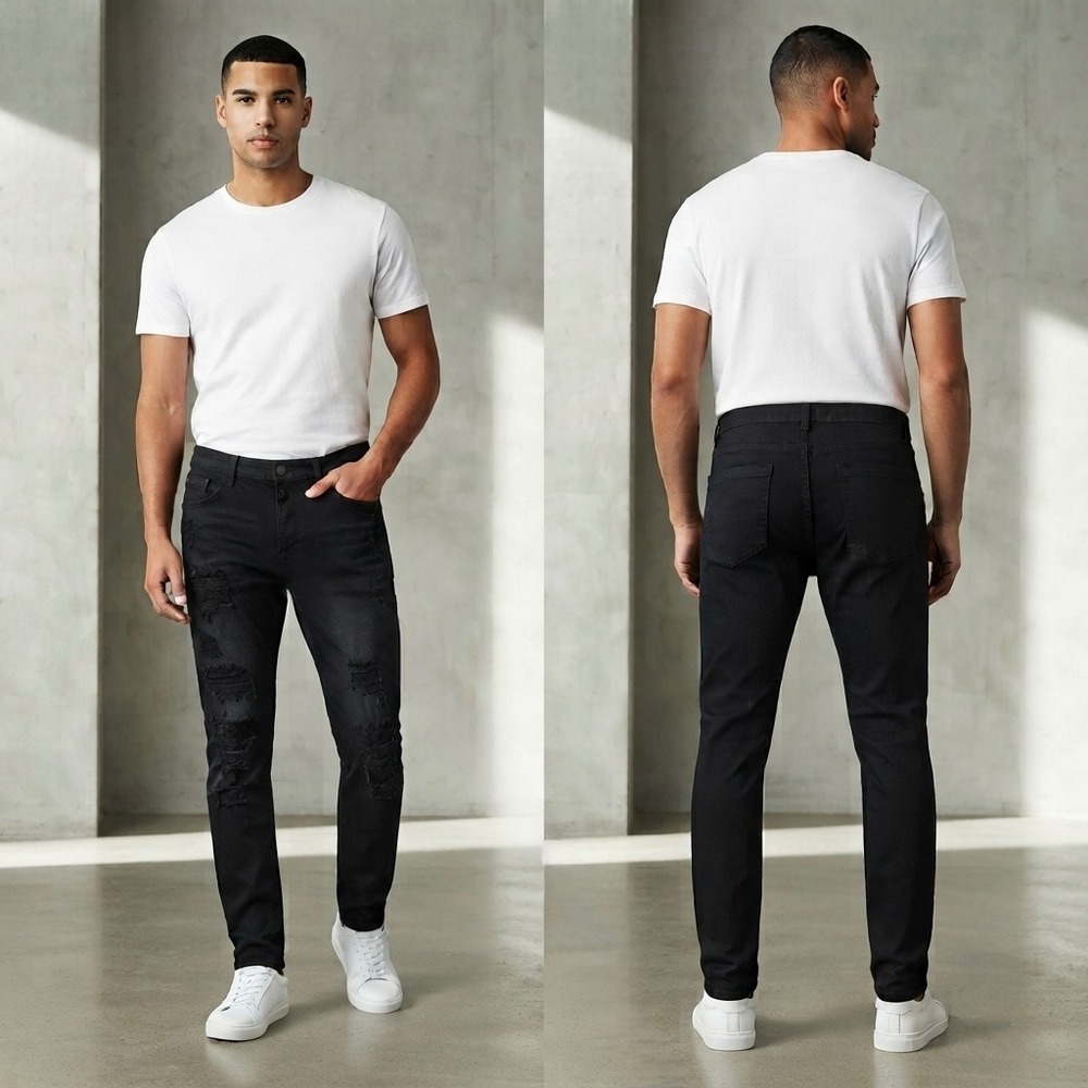 Reason Brand Mens Skinny Distressed Ripped Jeans Black RR5-146 34x32 NEW